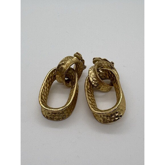Vintage Textured Gold Tone Givenchy Logo Runway Statement Earrings Oval Hoops - Picture 3 of 7